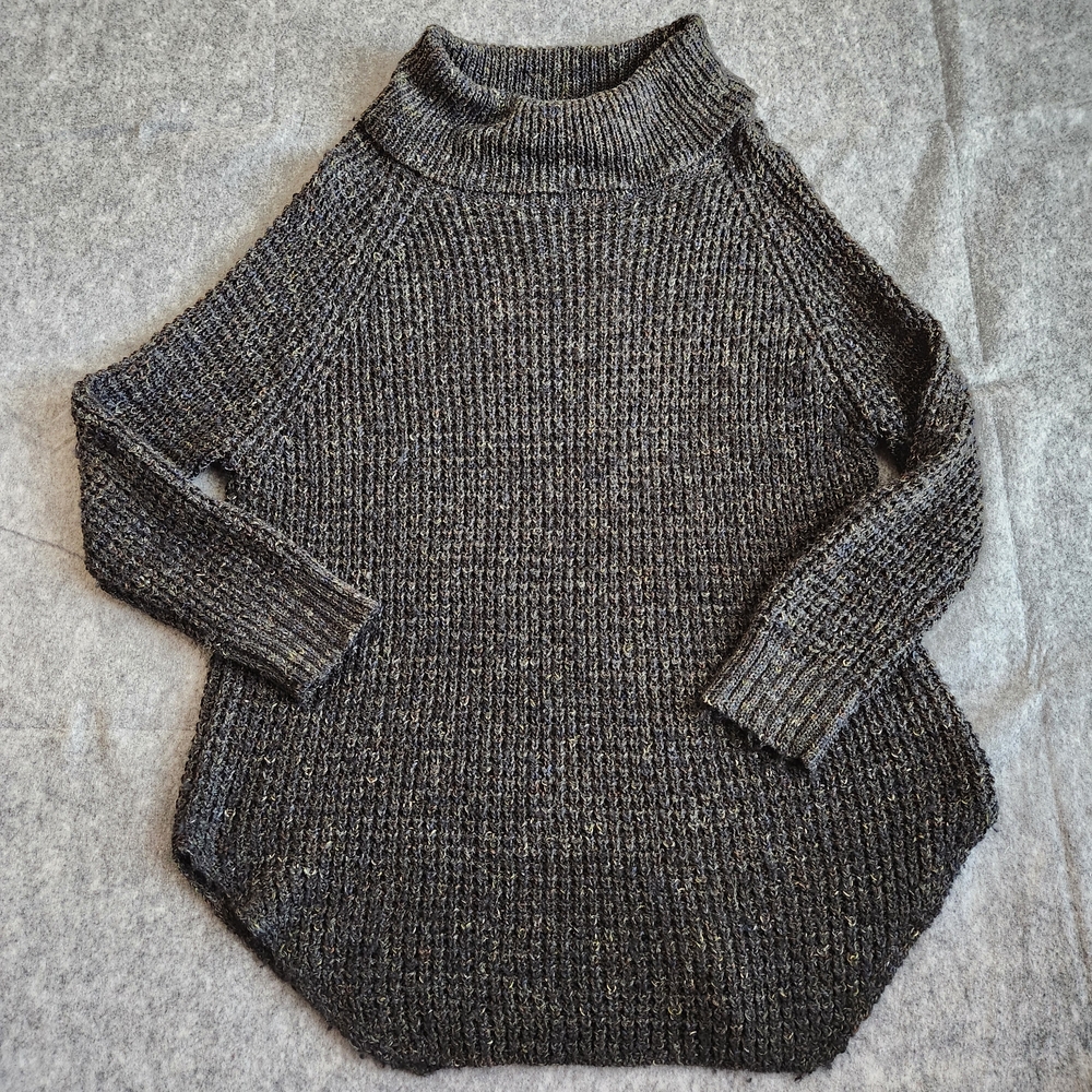 Free People Dylan Tweedy Oversize Waffle Knit Sweater Women's M Gray Turtleneck